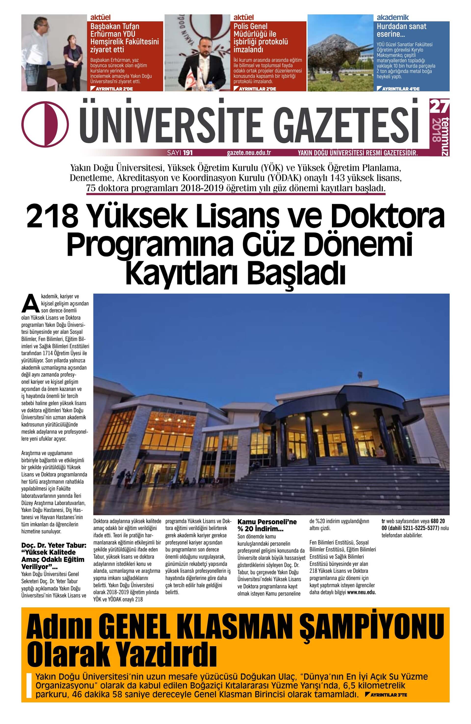 Yakın Doğu Üniversitesi, Üniversite Gazetesi 191. Sayısı