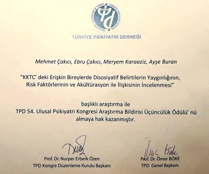 Yakın Doğu Üniversitesi Türkçe Psikoloji Bölüm Başkanı Prof. Dr. Mehmet Çakıcı’nın Çoklu Kişilik Bozukluğu ile İlgili Yaptığı Araştırma Ödül Aldı…
