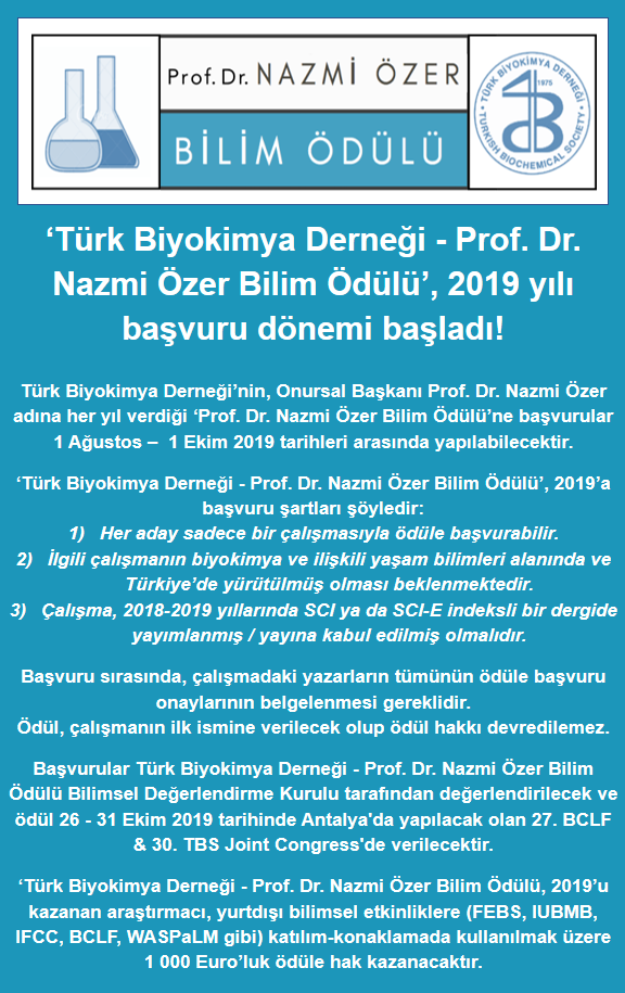 ‘Türk Biyokimya Derneği – Prof. Dr. Nazmi Özer Bilim Ödülü’, 2019 Yılı Başvuru Dönemi Başladı
