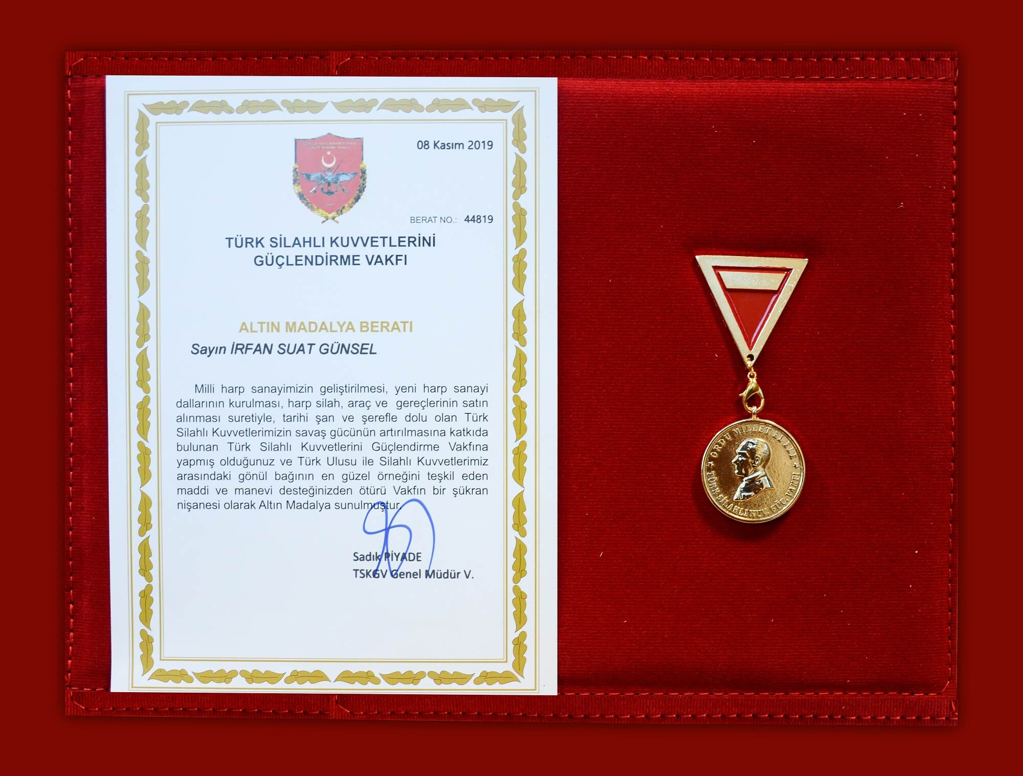 A Gold Medal was awarded to the Chairman of the Board of Trustees of Near East University Prof. Dr. İrfan Suat Günsel by the Turkish Armed Forces Foundation