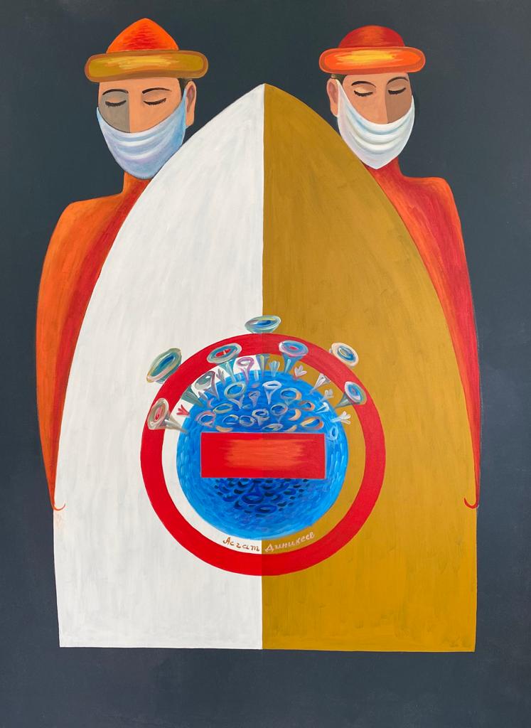 رسم الفنان أسغات دينيكييف بغرض لفت الانتباه إلى مكافحة تفشي فيروس كورونا في متحف قبرص للفنون الحديثة Near East University I Neu Edu Tr