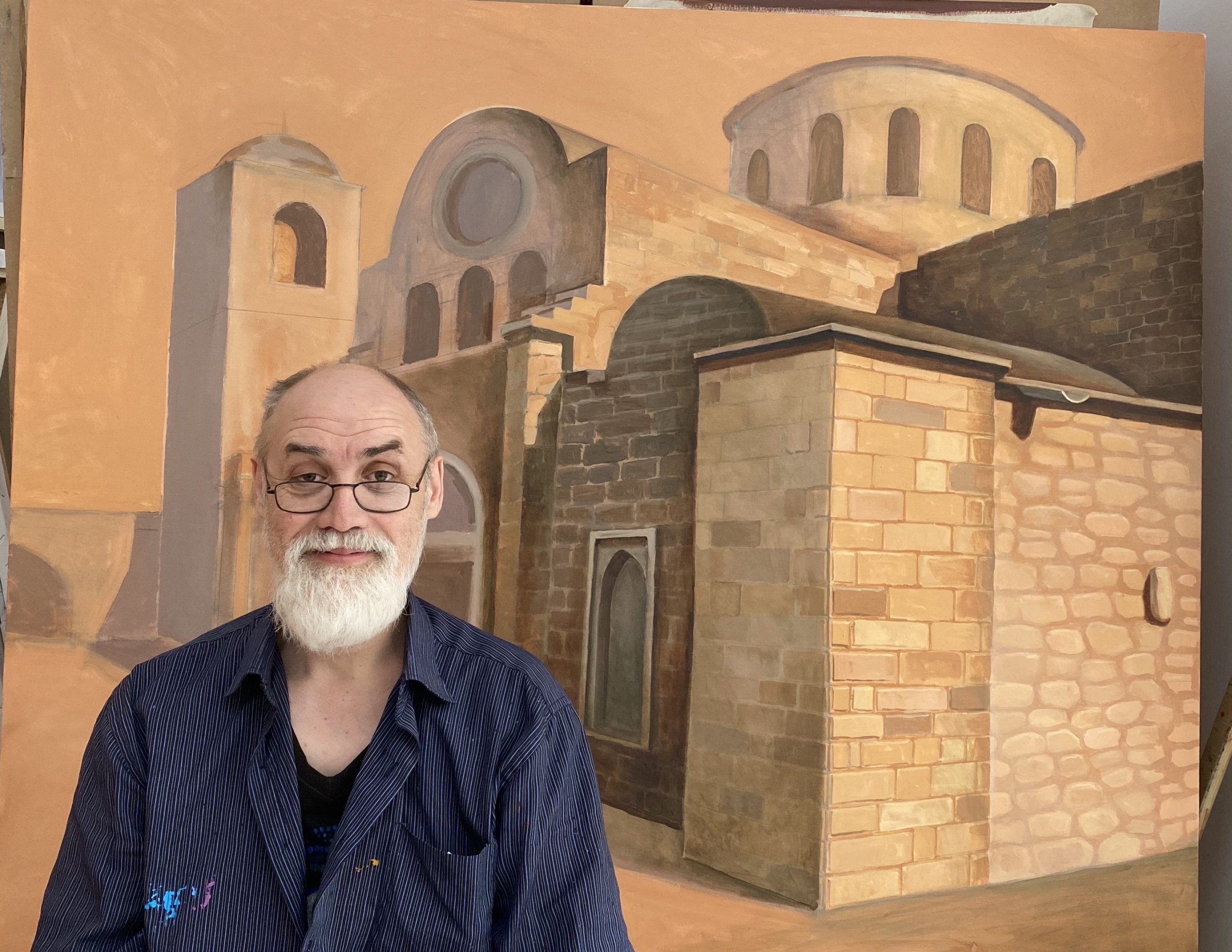 Artist Igor Gushchin depicted the Apostolos Andreas Monastery, Twin Churches and Paphos Castle for the Cyprus Museum of Modern Arts during quarantine days