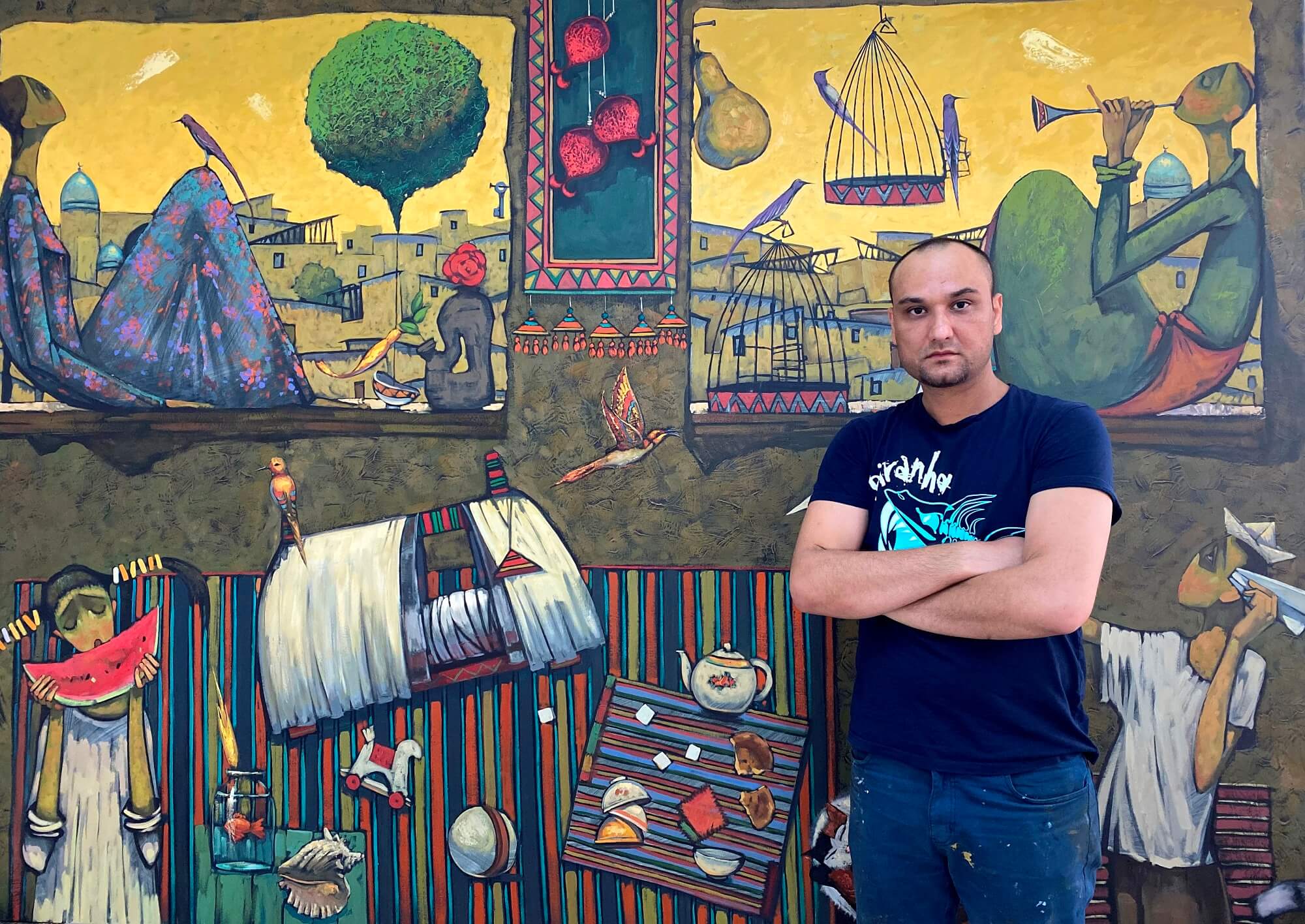 Artist Maksudjon Mirmukhamedov showcased canvas paintings that he created during the COVID-19 quarantine days for the Cyprus Museum of Modern Arts and named as “Mother, Sunfish, Pomegranate lover, Family house and Moon face”