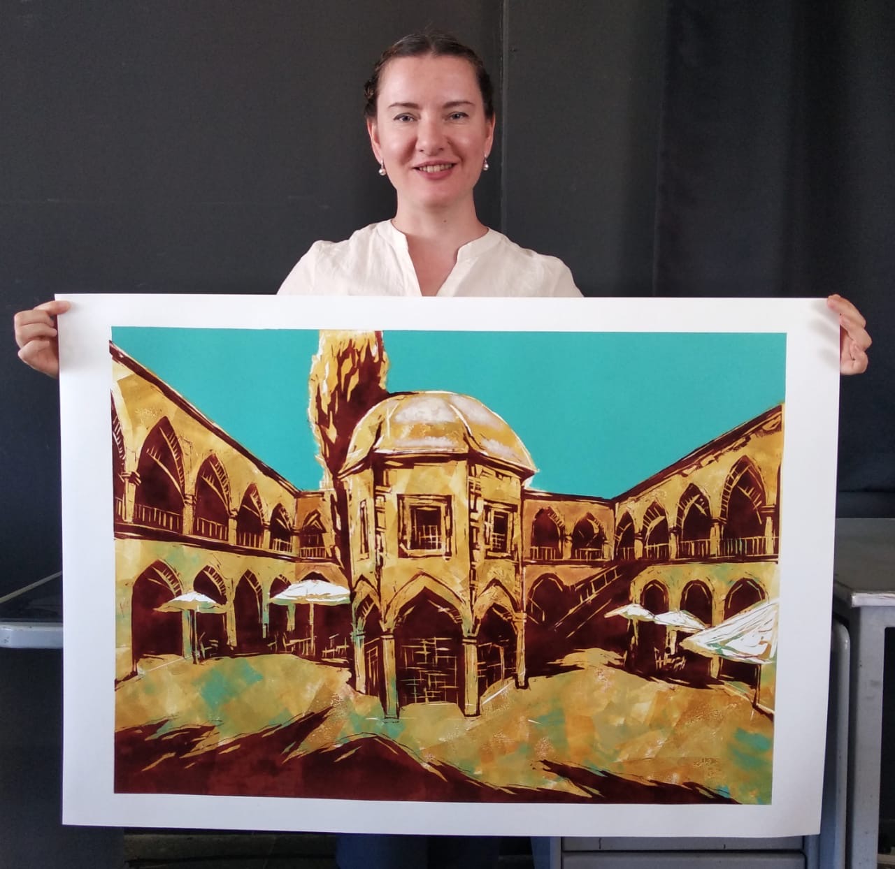 Artist Tetiana Ocheredko painted Bellapais Monastery, Salamis Ancient City, Nicosia Streets, Kyrenia Ancient Port and Great Inn with monotype printing techniques for Cyprus Museum of Modern Arts during quarantine days