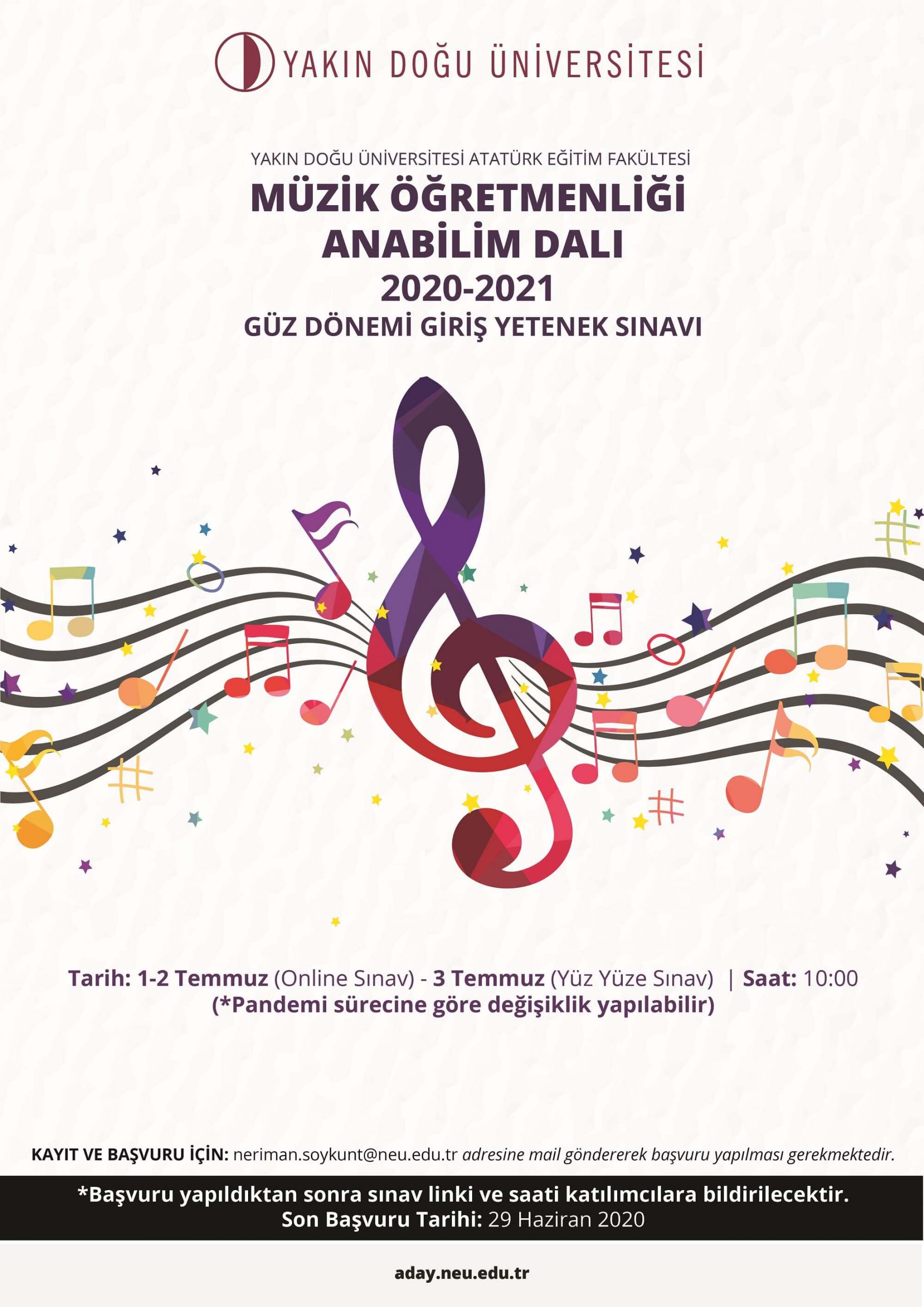 Yakın Doğu Üniversitesi Atatürk Eğitim Fakültesi Güzel Sanatlar Eğitimi Bölümü Müzik Öğretmenliği Anabilim Dalı 2020-2021 Öğretim Yılı için Lisans, Yüksek Lisans ve Doktora Başvuruları Başladı