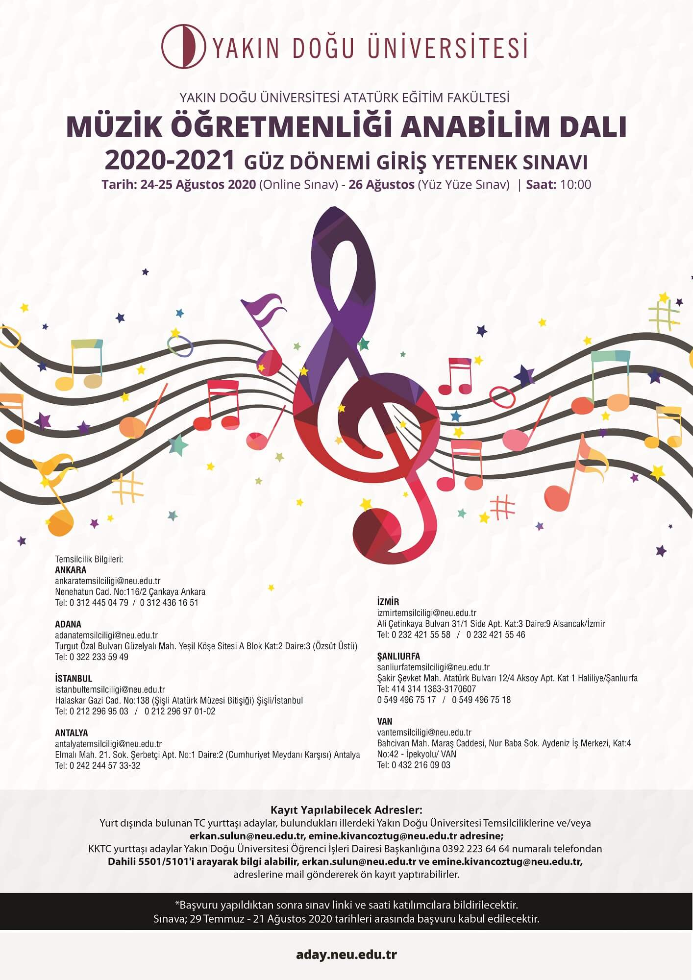Yakın Doğu Üniversitesi Atatürk Eğitim Fakültesi Güzel Sanatlar Eğitimi Bölümü Müzik Öğretmenliği Ana Bilim Dalı 2020-2021 Öğretim Yılı için Lisans, Yüksek Lisans ve Doktora Başvuruları Sürüyor